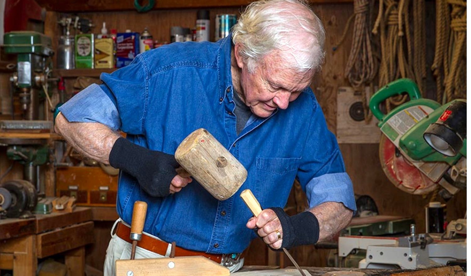 this man is wearing Limbkeepers while working in his workshop. As he's an elderly man he has very weak skin and fragile thin skin so these help greatly to prevent skin injury