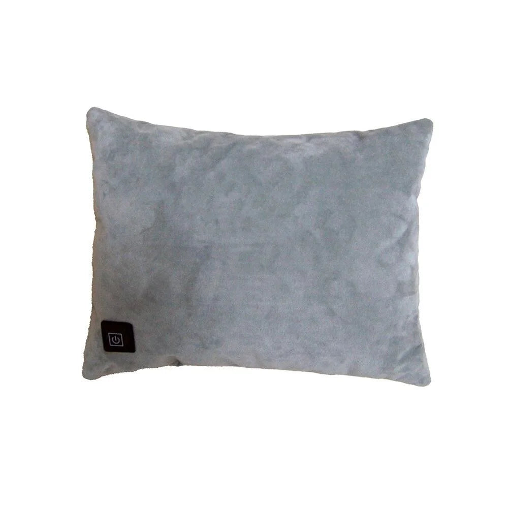 Grey heated pillow with a brand label on a white background