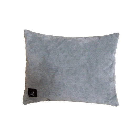 Grey heated pillow with a brand label on a white background