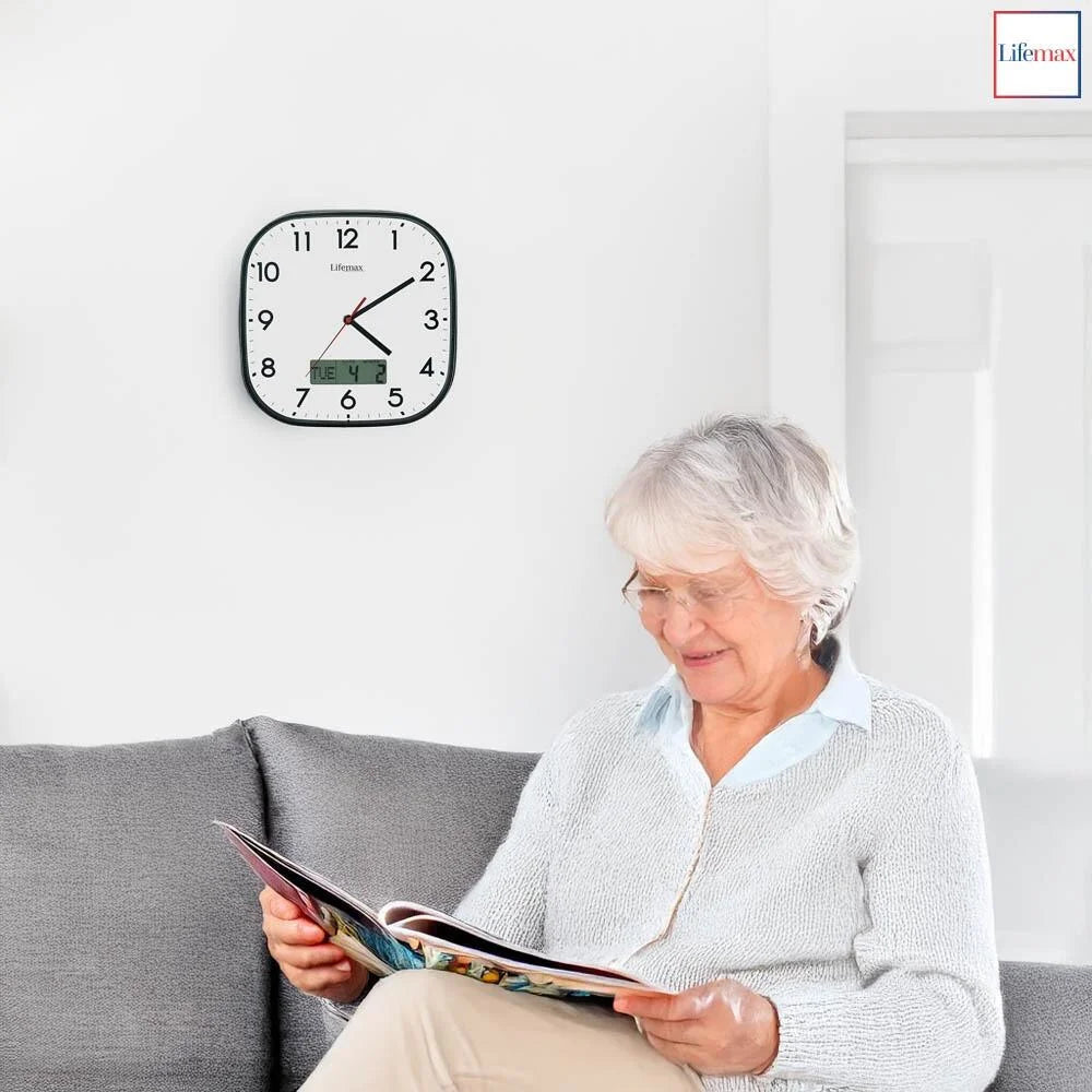 Woman reading a magazine in a living room with a wall clock above her.