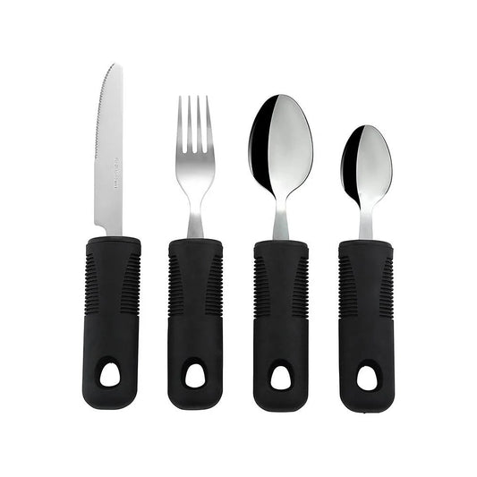 Set of 4 items of easy grip cutlery with black handles on a white background