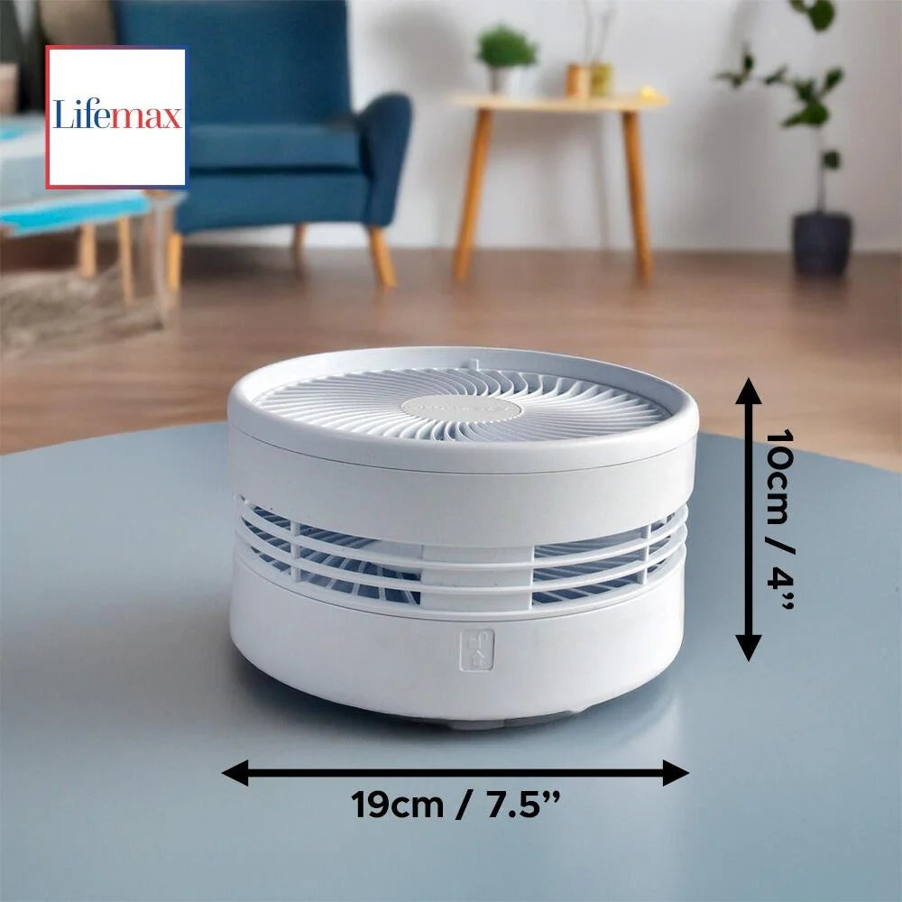 White air purifier on a table with dimensions indicated and Lifemax logo.