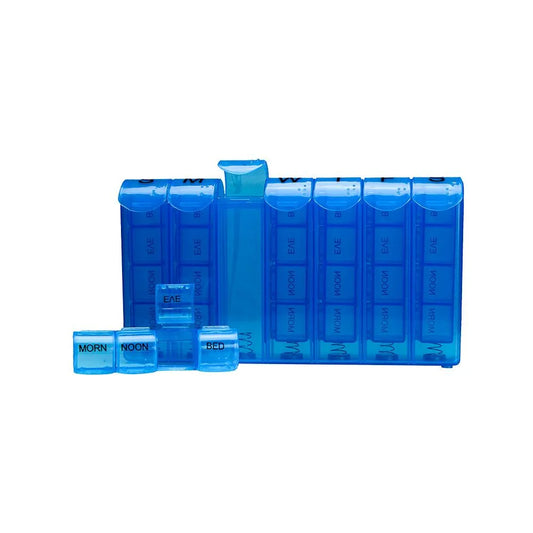 Blue pill organizer with compartments labeled for different times of the day on a white background.
